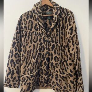 Vintage Ralph Lauren Handknit Leopard Sweater Cardigan Small  Lambswool